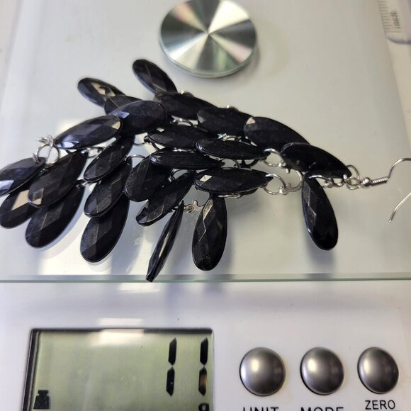 Black Glass Bead Long Earrings Chandelier Teardrop Diamond Shape Drop Earrings - Picture 7 of 7